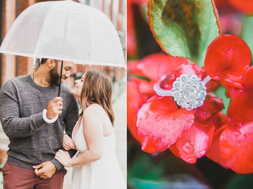 diamond ring on red flower with umbrella portraits by M Harris Studios