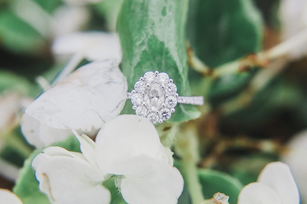 diamond ring on flowers during engagement session with M Harris Studios