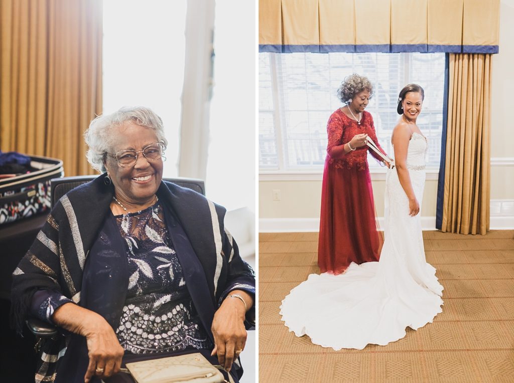 bride's mother and grandmother help her into wedding gown for Airlie wedding