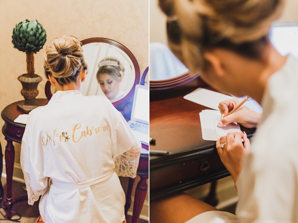 bride writes groom a letter on wedding day at Old Hickory Golf Club photographed by M Harris Studios