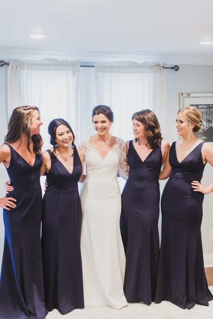 bridesmaids in Jenny Yoo gowns for Inn at the Old Silk Mill wedding photographed by M Harris Studios