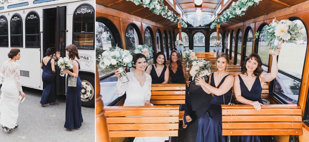 wedding party on Fredericksburg trolley before Inn at the Old Silk Mill wedding photographed by M Harris Studios
