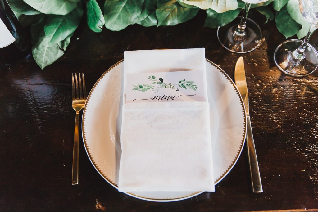 modern place setting for Inn at the Old Silk Mill wedding photographed by M Harris Studios