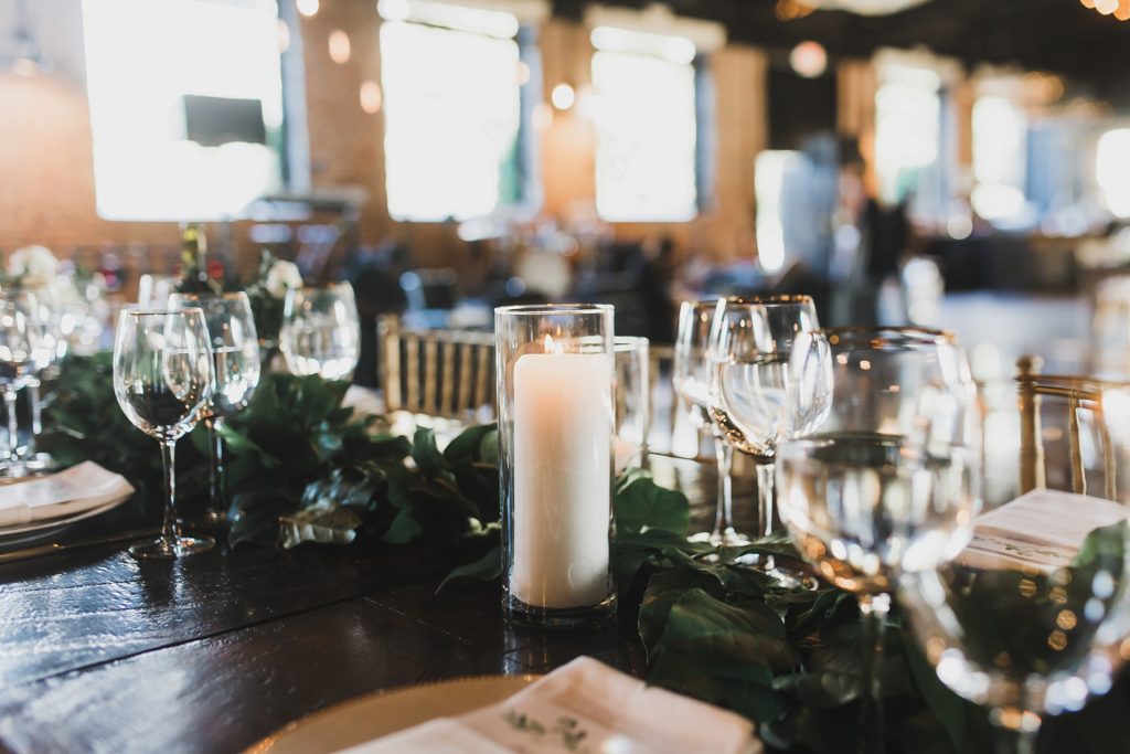 candle centerpieces at Inn at the Old Silk Mill wedding photographed by M Harris Studios