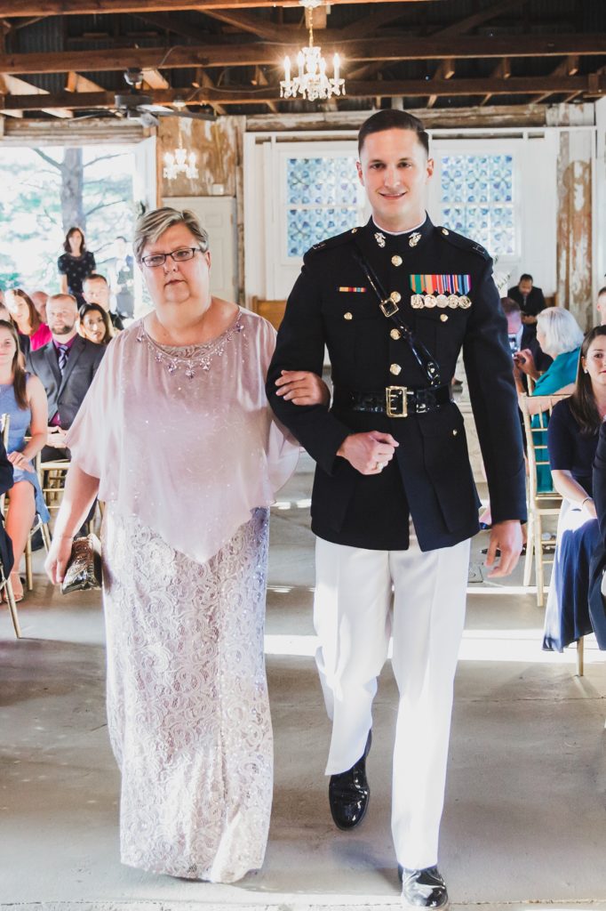 groom walks mom down the aisle at Inn at the Old Silk Mill wedding photographed by M Harris Studios