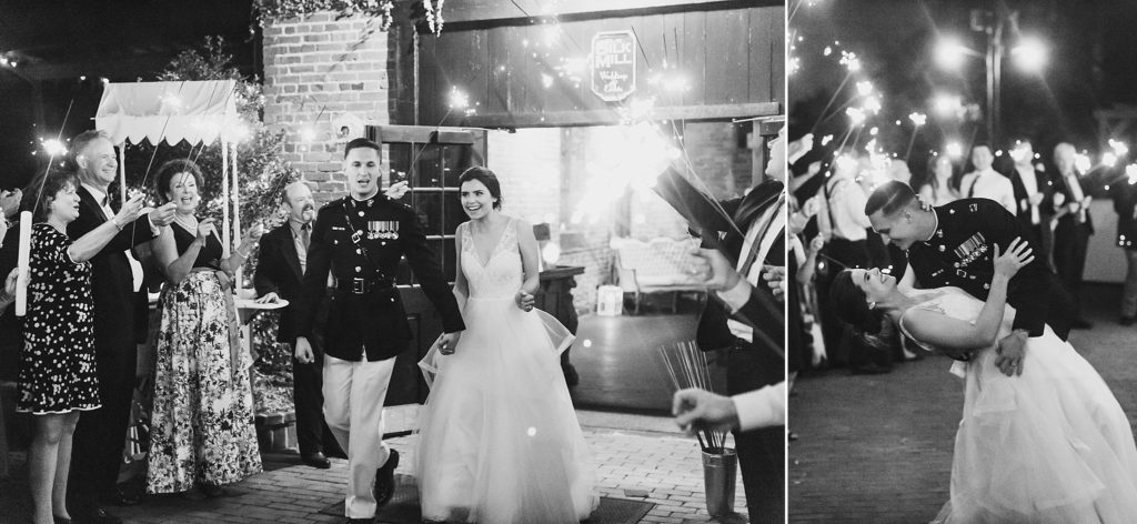 sparkler exit at Inn at the Old Silk Mill wedding photographed by M Harris Studios