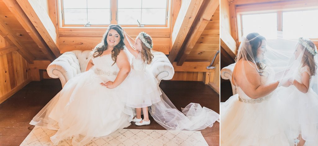 flower girl helps bride with veil on wedding photographed by M Harris Studios