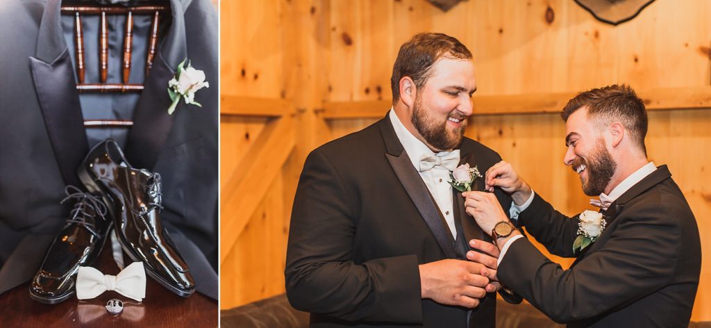 groom prepares for Thousand Acre wedding photographed by M Harris Studios