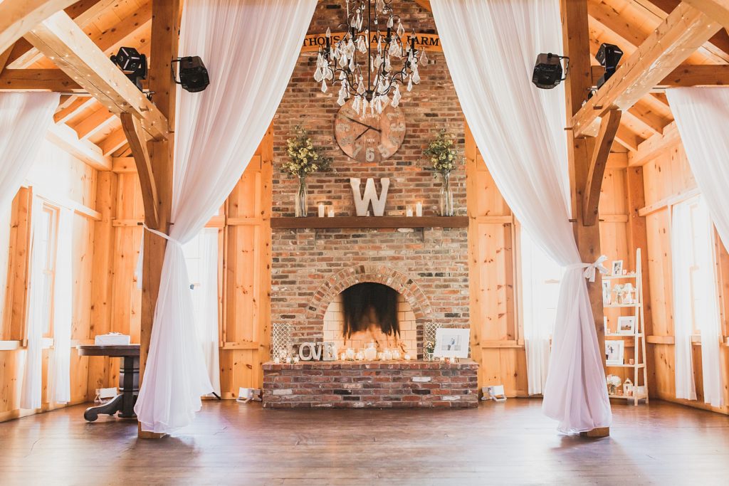 indoor reception setup at Thousand Acre Farm photographed by M Harris Studios