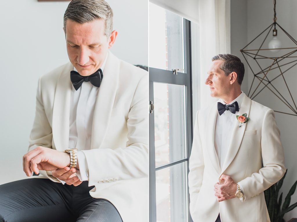 groom prepares for St. Francis Hall wedding day in DC with M Harris Studios