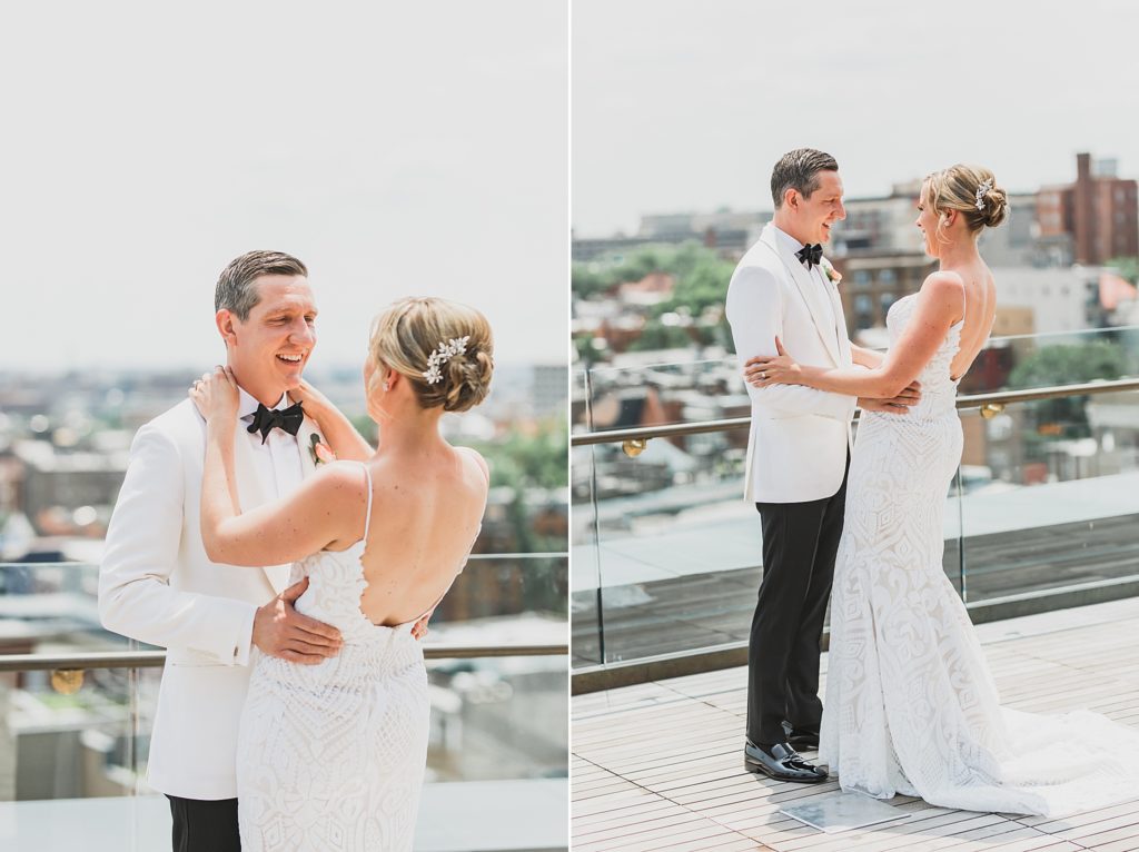 bride and groom on DC rooftop for wedding portraits with M Harris Studios