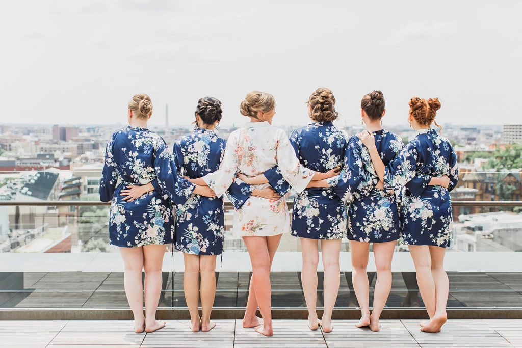 bridesmaids in robes on DC wedding morning photographed by M Harris Studios